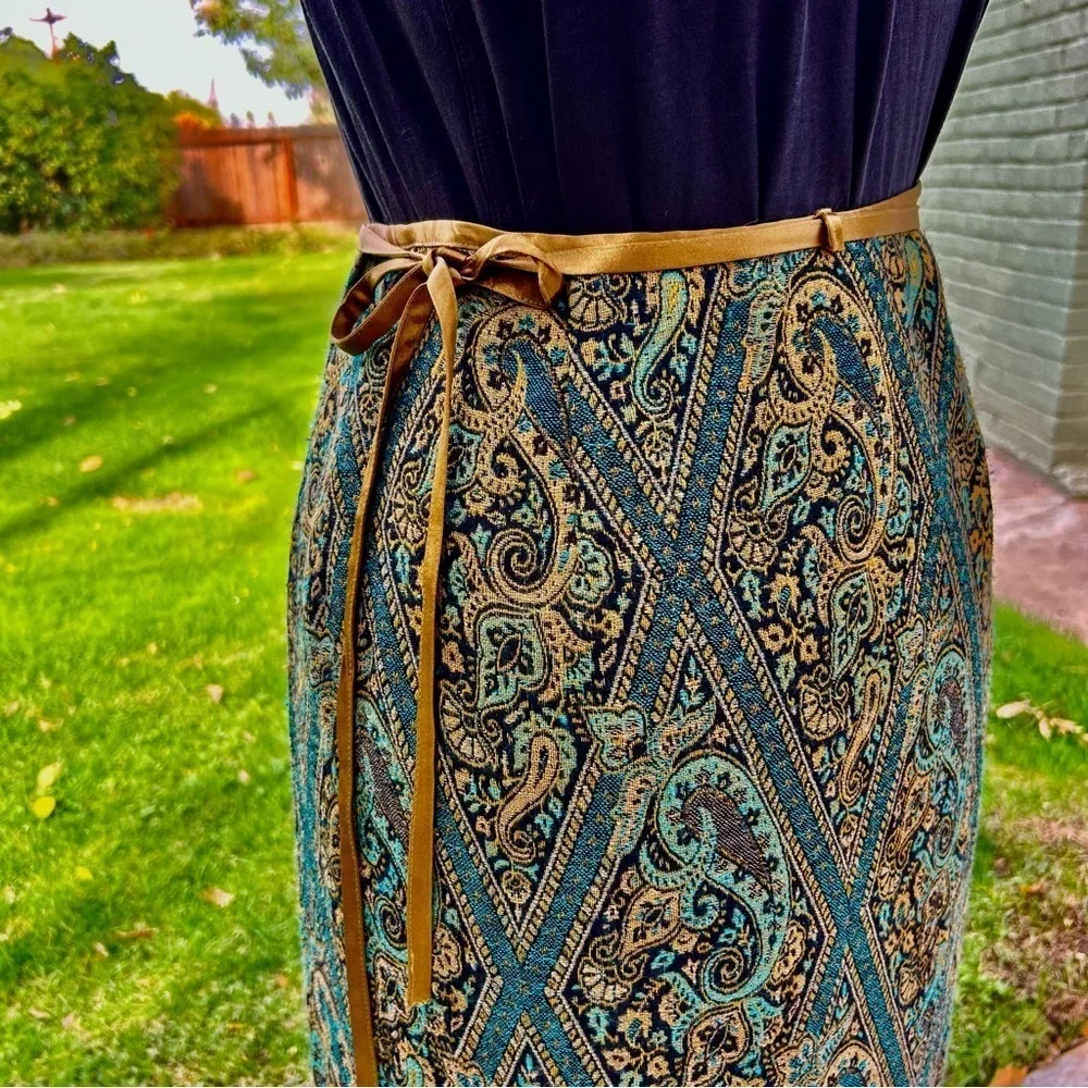 Vintage Karen Kane Wool A-Line Wrap Paisley Skirt with Fringe Size M/L